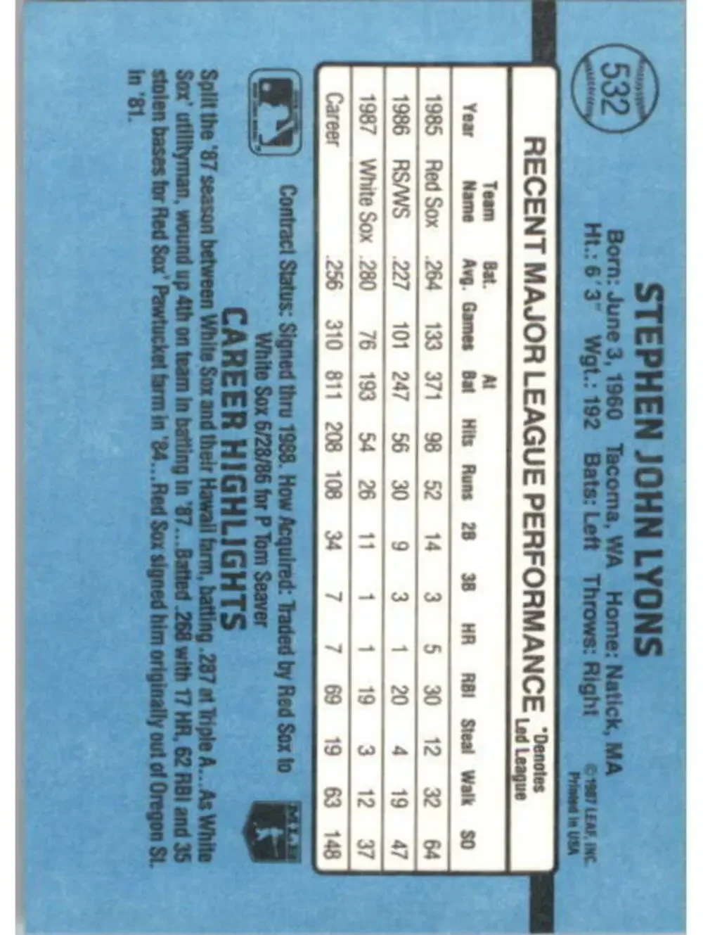 1988 Steve Lyons Donruss Baseball Card #532